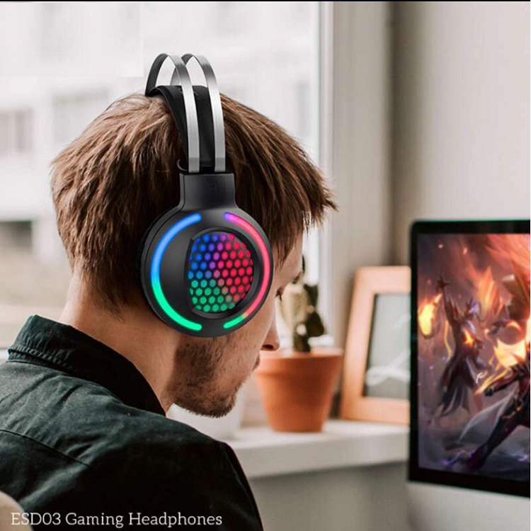 Tai Nghe Gaming, Tặng Dây 2 Cổng Dùng Cho Laptop, PC, Điện Thoại, Tai Nghe Game ESD03 - Chính Hãng Hoco - Có Mic Đèn LED