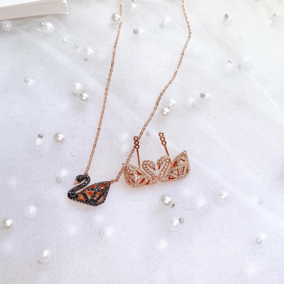 Khuyên tai nữ, trang sức swarovski thiên nga dáng lưới màu vàng hồng đeo 2 kiểu, tinh tế fullbox_thien_nga_viet_nam