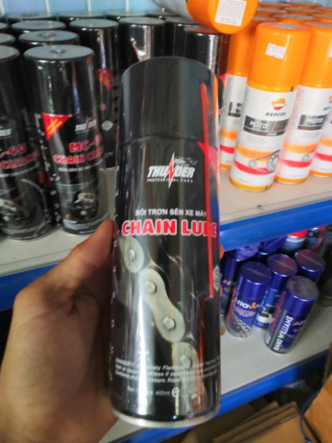 Combo Xịt dưỡng sên Thunder ChainLube (400ml), Chai xịt vệ sinh sên MC 40 (400ml) và bàn chải chà sên.