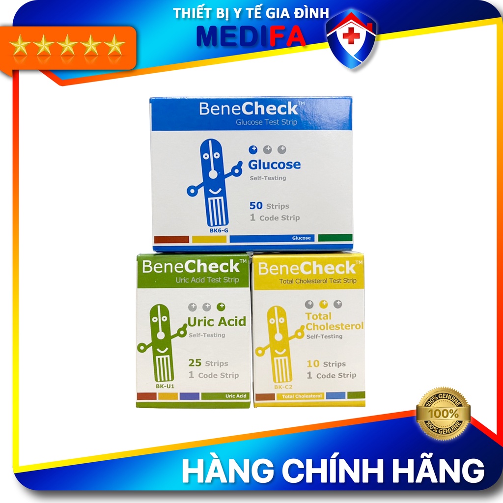 Bộ Que Thử Đường Huyết, Mỡ Máu (Cholesterol), Uric Acid (Gút/Gout) Dùng Cho Máy BeneCheck Plus