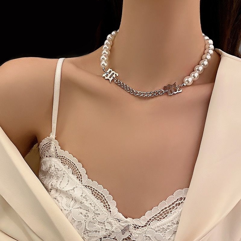 Vòng Cổ Nữ Ngọc Trai Nhân Tạo Choker Phối Xích Bằng Thép Titan Không Gỉ Phong Cách Cá Tính