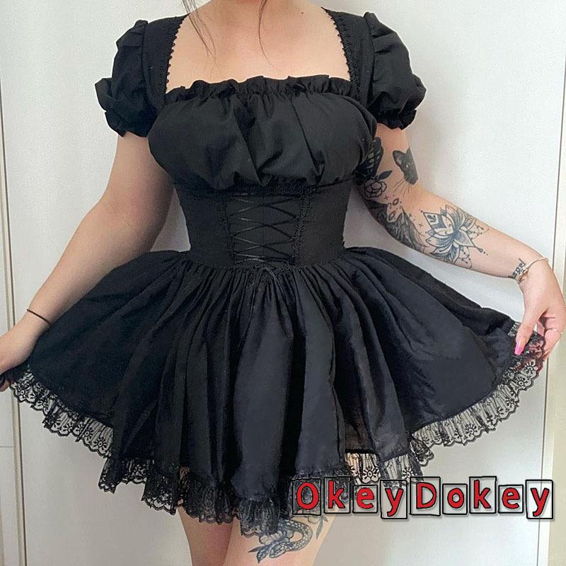 Đầm Công Chúa Mini Thắt Dây Tay Phồng Phong Cách Gothic Cổ Điển 90S Y2K Dành Cho Nữ