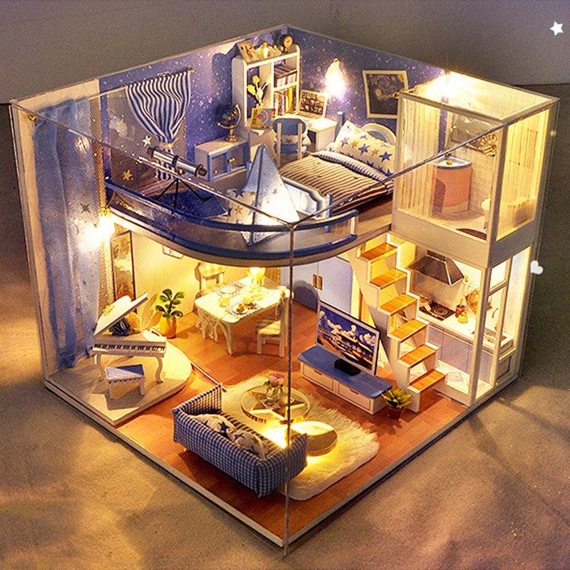 Mô hình nhà DIY Doll House Dream Starry Kèm Mica Chống bụi, Bộ dụng cụ và Keo dán