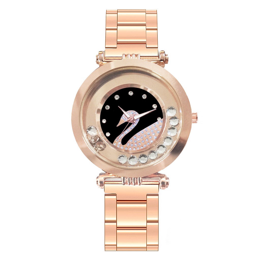 Đồng hồ quartz nữ đính đá phối dây thép không gỉ sang trọng thanh lịch