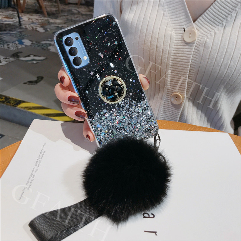 Ốp điện thoại có vòng đỡ và dây đeo gắn bóng lông cho OPPO Reno 6 Z 5G/5F/6 Pro/5/4 Pro/6Z/5F A95 A16 A54 bản Malaysia