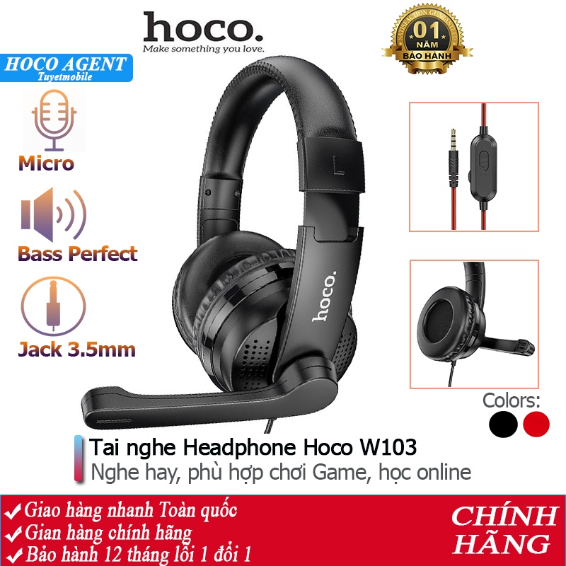 Tai nghe chụp tai Hoco W103 headphone cao cấp nghe hay, dây dài 1.2m, tặng Jack chia cổng 2 in 1 - Chính hãng