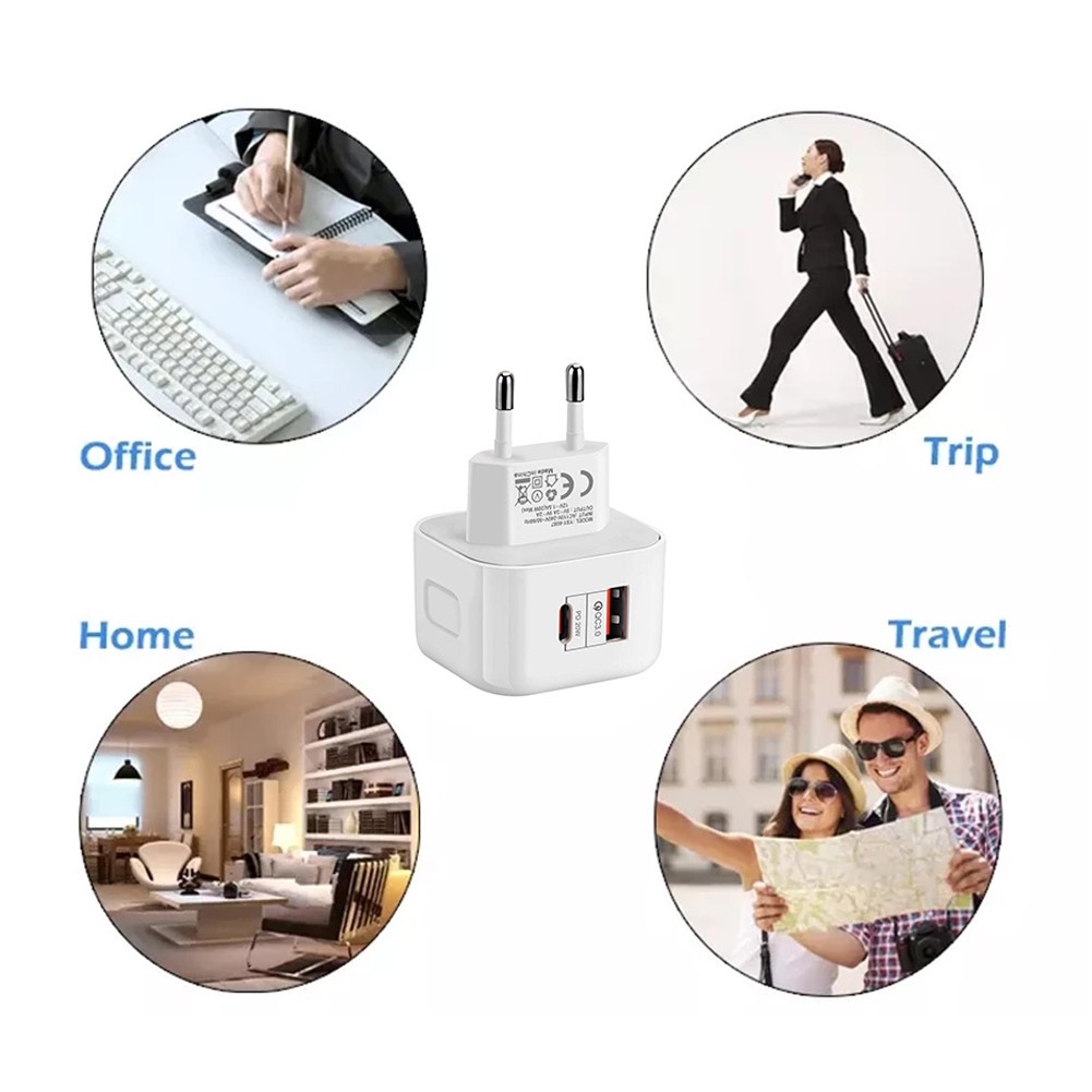 Cốc Sạc Nhanh 2 Cổng USB QC3.0 Type C PD 20W USB-C Cho Điện Thoại Android