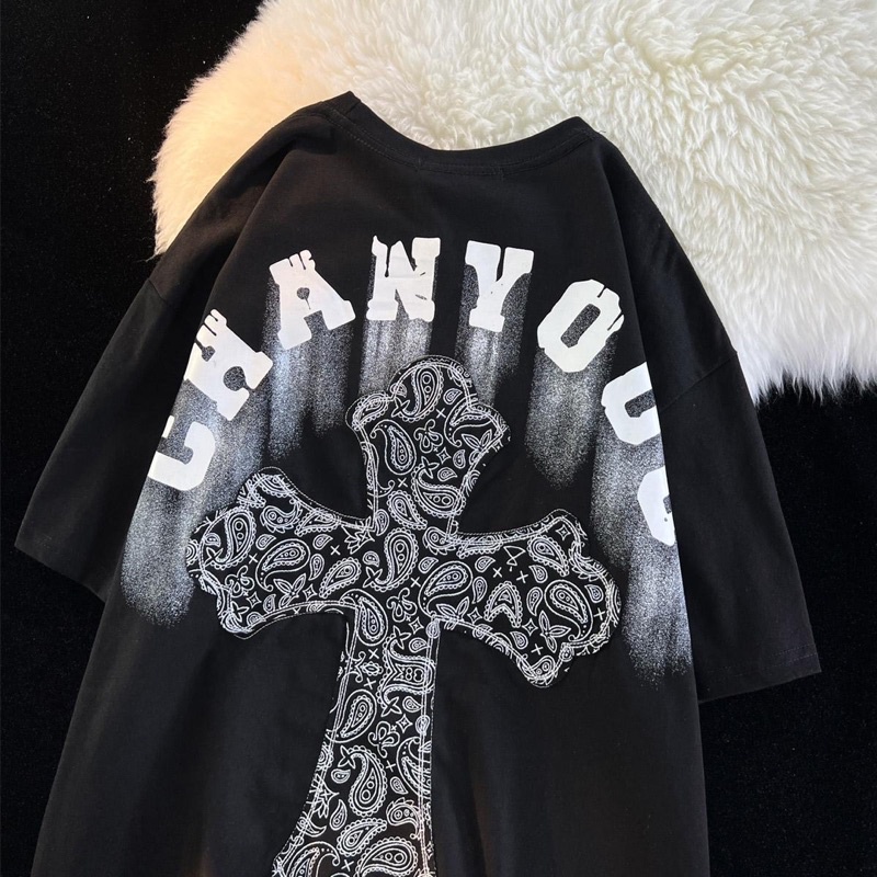 Áo Thun Tay Lỡ Nam Nữ Cotton Dáng Rộng In Hình Chữ Thập Thời Trang Unisex