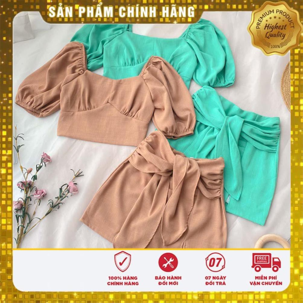 [FLASH_SALE] SET ÁO CỔ VUÔNG + CHÂN VÁY CỘT NƠ - CHẤT LIỆU KAKI NHẬP KHẨU - MÀU XANH NGỌC/NÂU TÂY [HÀNG THIẾT KẾ] | BigBuy360 - bigbuy360.vn