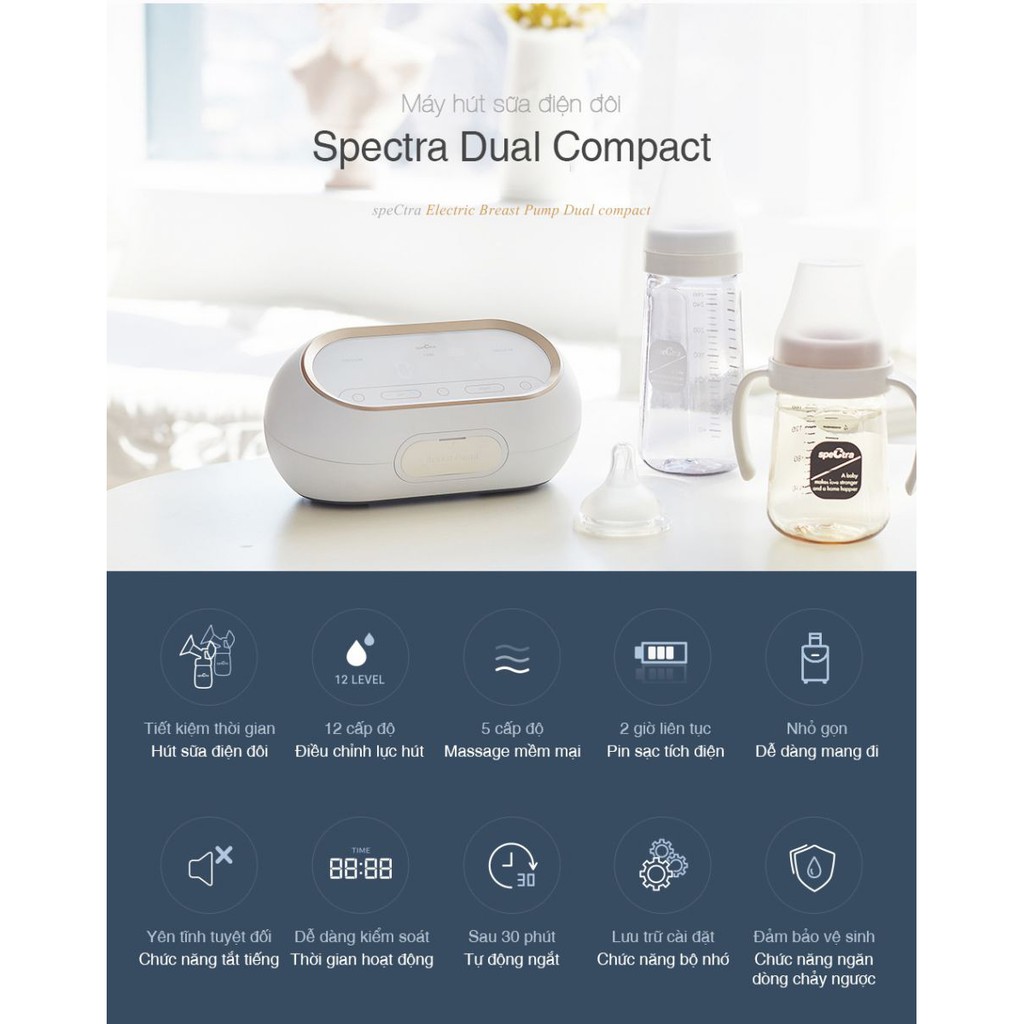 Máy Hút Sữa Điện Đôi Spectra Dual Compact tặng áo rảnh tay và nhiệt kế điện tử - Hàn Quốc - Hàng Chính Hãng