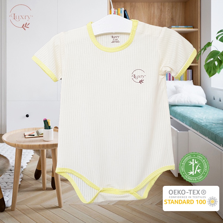 Bộ quần áo liền thân Body chip Luxry nền vàng be phối viền cho bé sơ sinh size từ 0 đến 12 tháng