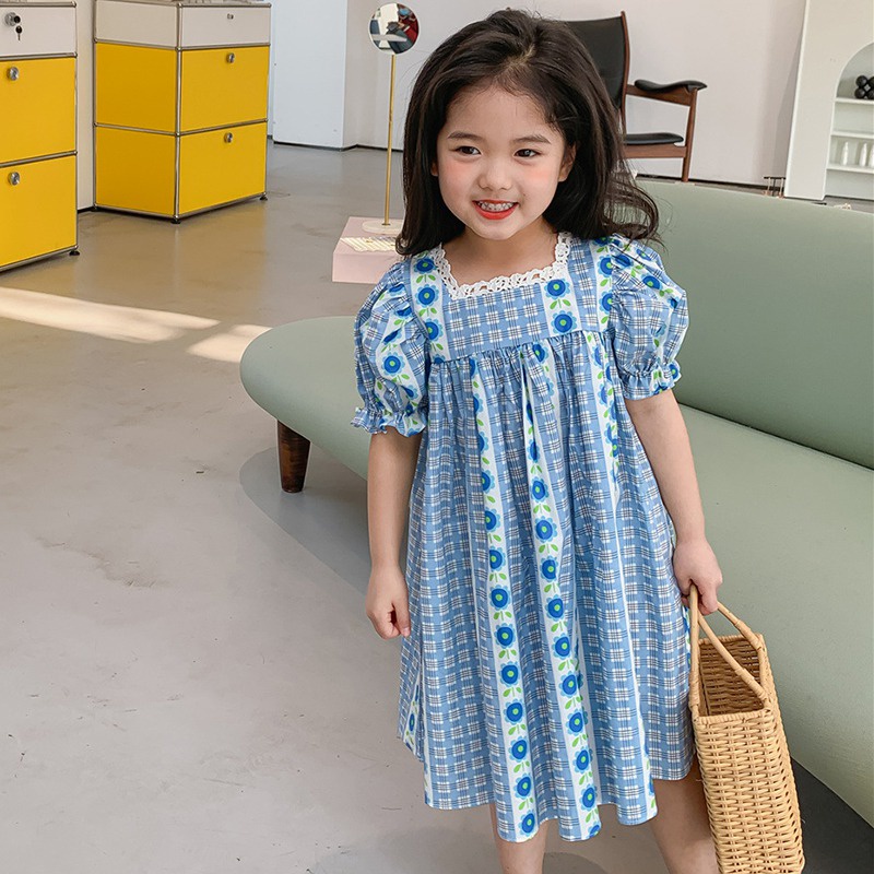 Đầm Công Chúa Mùa Hè Cổ Vuông Tay Cộc In Họa Tiết Hoa Cho Bé Gái Se7en