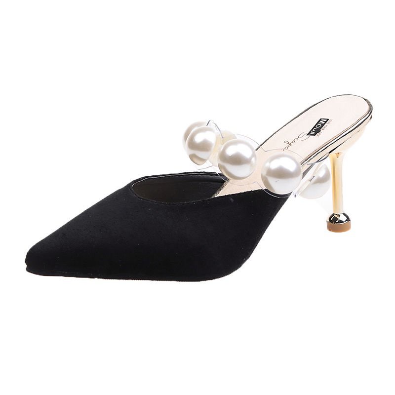 Dép Cao Gót 8cm Mũi Nhọn Đính Ngọc Trai Thời Trang Mùa Hè Dành Cho Nữ（Small, recommended +1 yard）