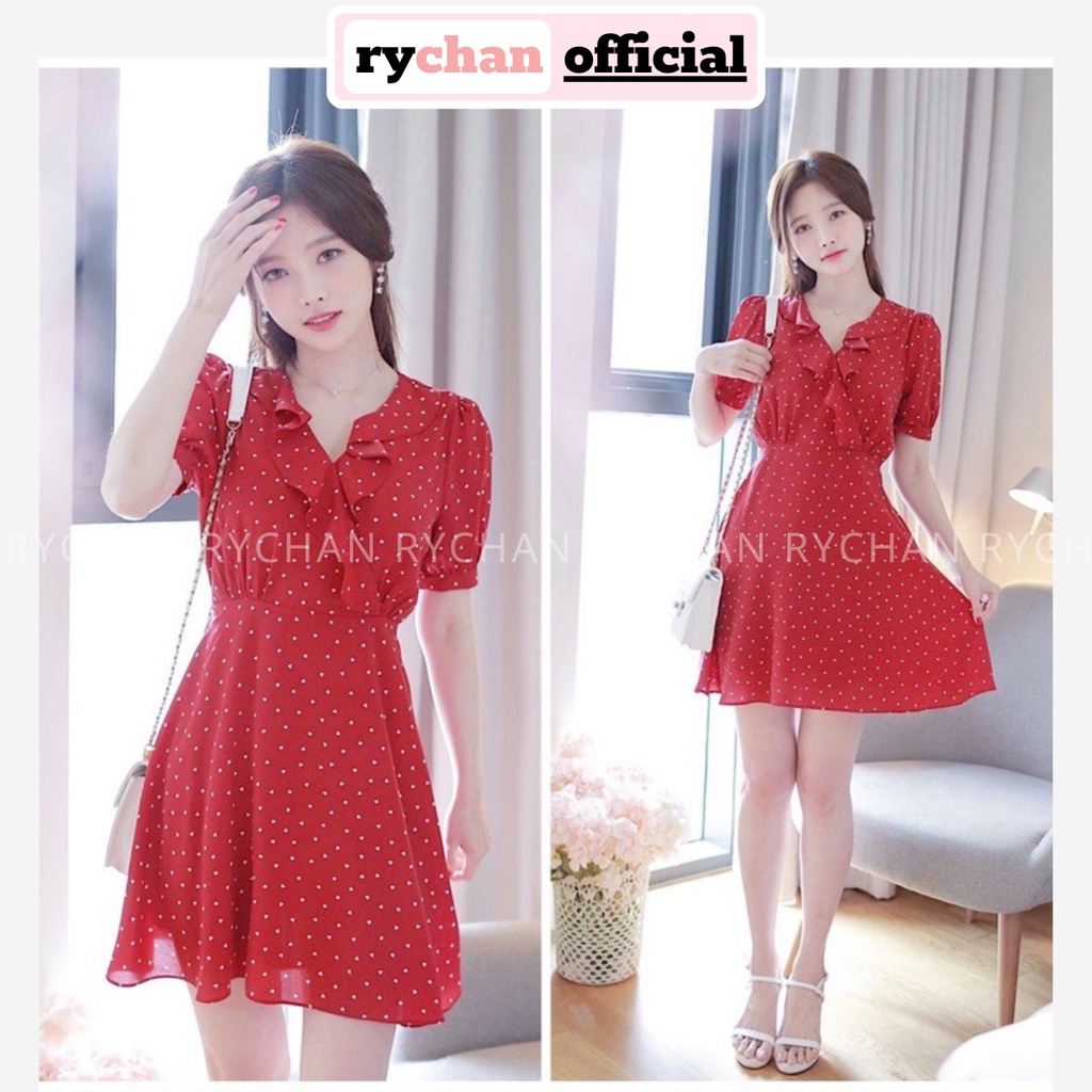 Đầm Nữ Đi Chơi Bi Trắng Cổ Bèo Nơ Eo Chun Eo Cực Trẻ Trung Màu Đỏ [ẢNH THẬT CUỐI] - DX9951
