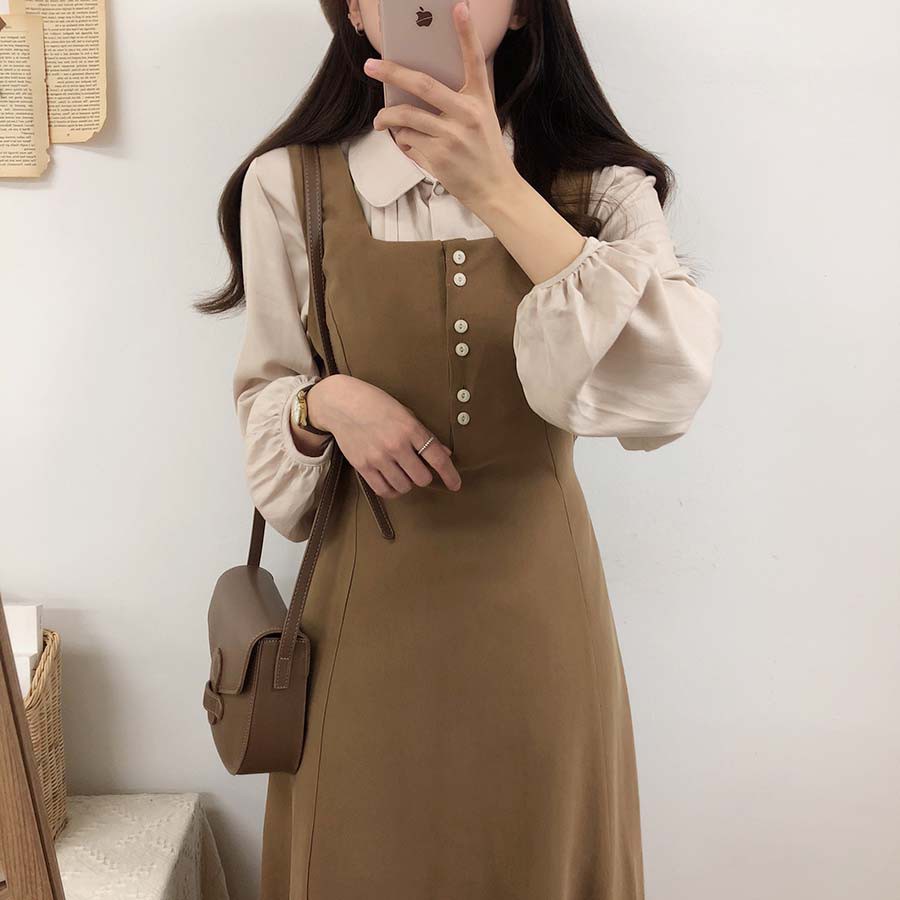 Đầm Sơ Mi Tay Dài Màu Sắc Đơn Giản Phong Cách Hàn Quốc 40780