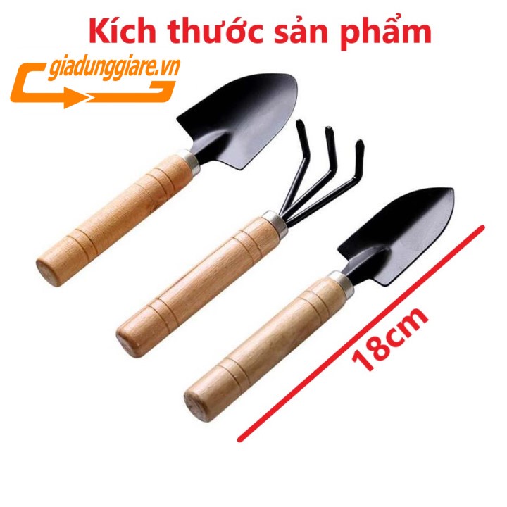 Bộ 03 Dụng cụ làm vườn mini cán gỗ (Xẻng + Bay + Cào đất) dùng đa năng trồng rau trồng hoa chăm cây cảnh tiện lợi