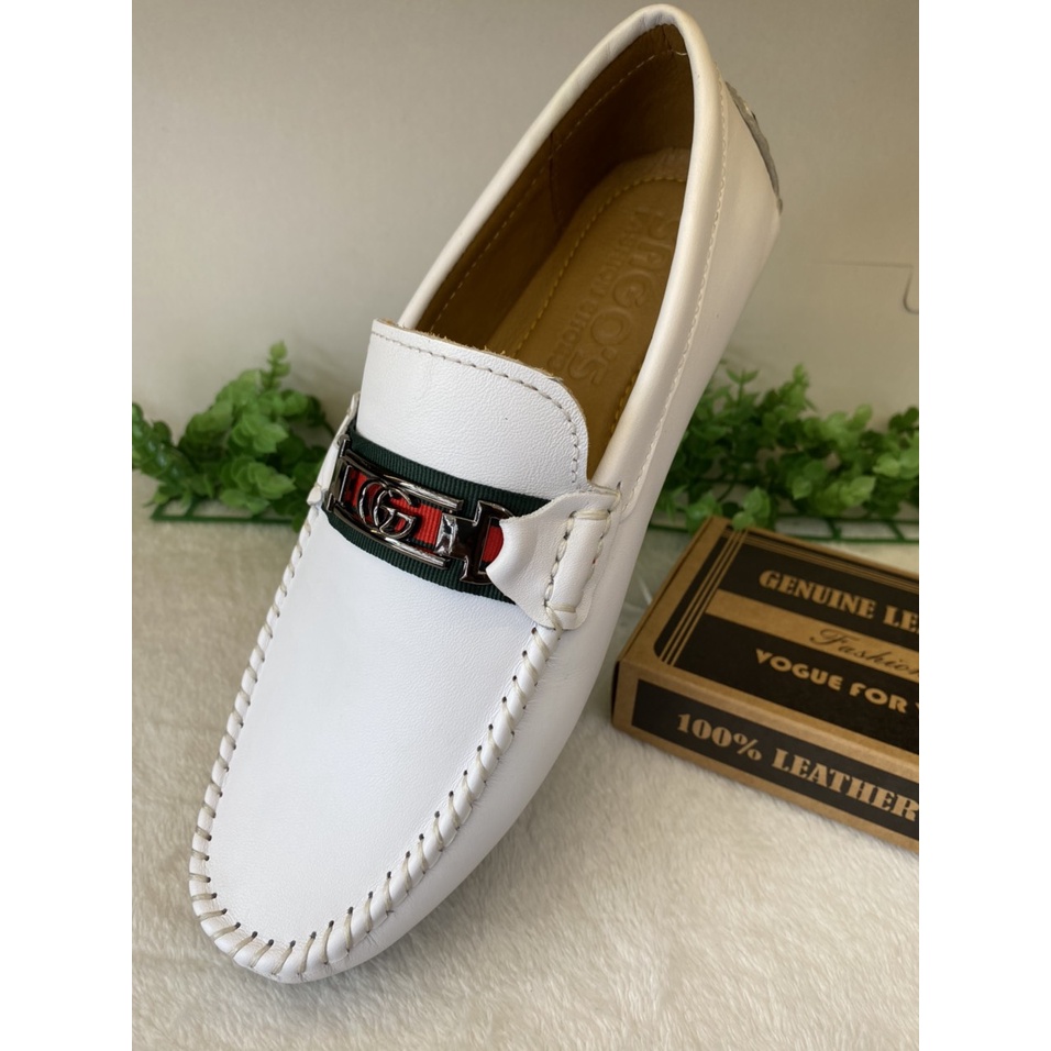 Giày Mọi Trắng Nam Da Bò Thật-Giày Lười Da Cao Cấp Màu Trắng  -MT20 Giày SAGO’S tặng 1 vớ BH 12 tháng