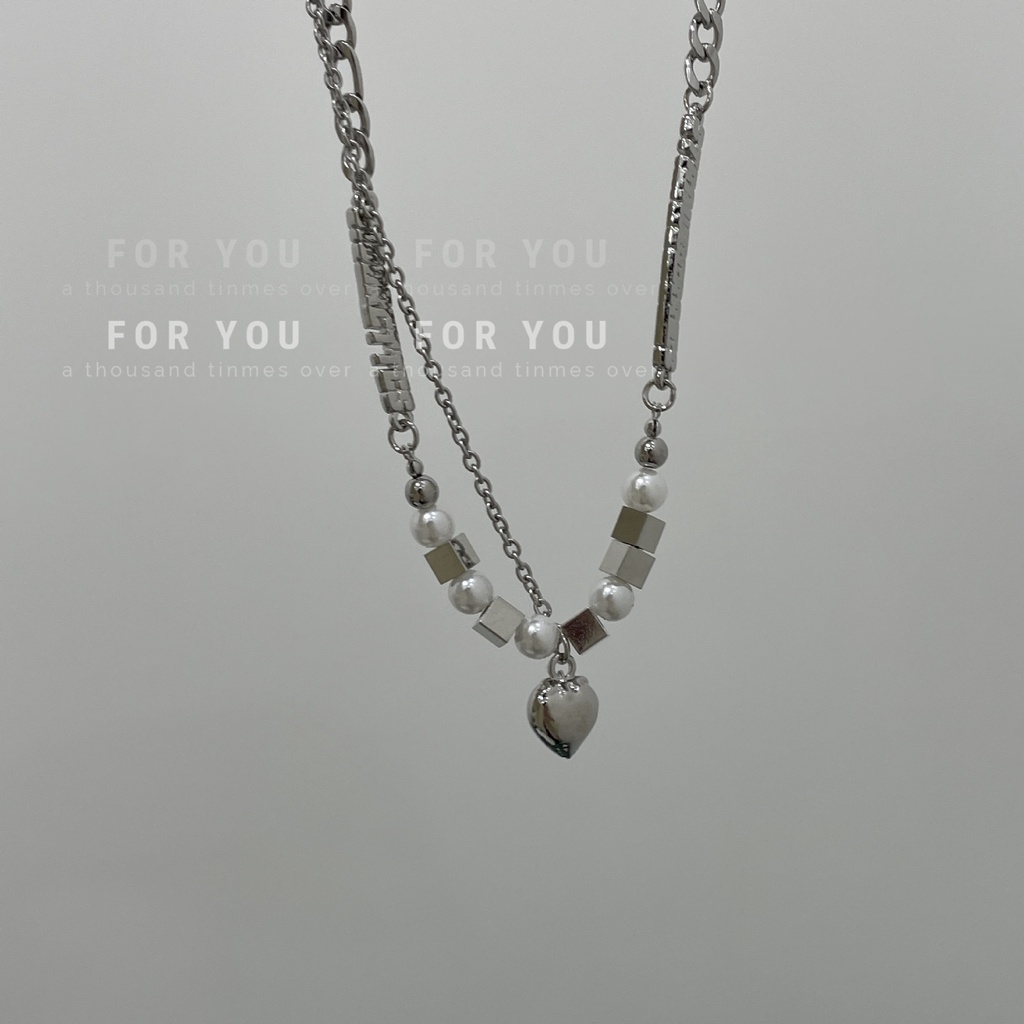 Vòng cổ Mặt Vuông Bằng Thép Titan Đính Ngọc Trai Phong Cách Hip Hop