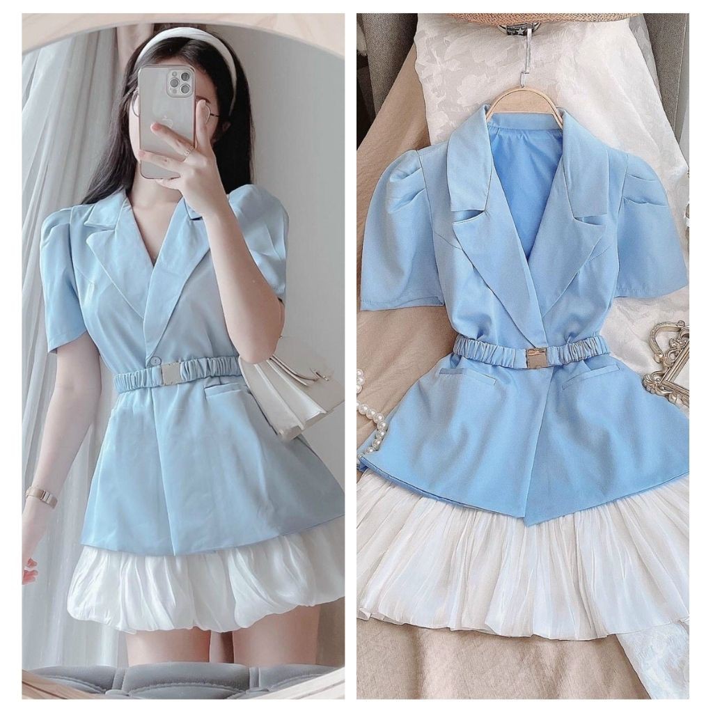 Set vest blazer kèm chân váy thiết kế thanh lịch, đủ size màu xanh dương kèm dây nịch thời trang SANMAY