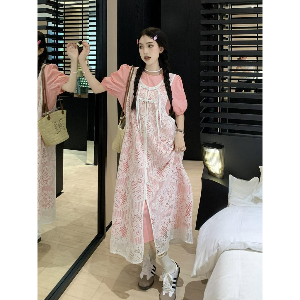 63363 Đầm Sơ Mi Tay Phồng Phong Cách Mới Với Áo Vest Ren Móc