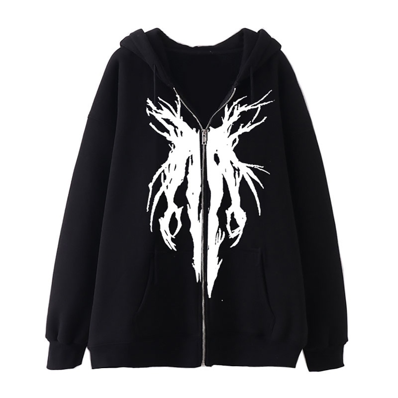 Brroa Áo Khoác Hoodie Dáng Rộng Có Khóa Kéo In Họa Tiết Phong Cách Punk Gothic Harajuku Dành Cho Nam Nữ