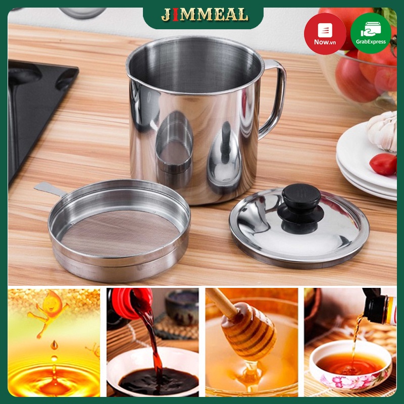 [Kèm Đế] Ca Lọc Dầu Ăn Inox 304, Có Lưới Lọc Cặn, Bình Đựng Dầu Chiên Lọc Cặn Dung Tích 1300ml