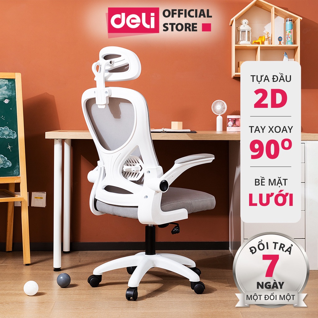 Ghế xoay Deli Cao Cấp - Thiết kế công thái học ergonomic, hỗ trợ cổ và cột sống chuẩn theo tư thế ngồi