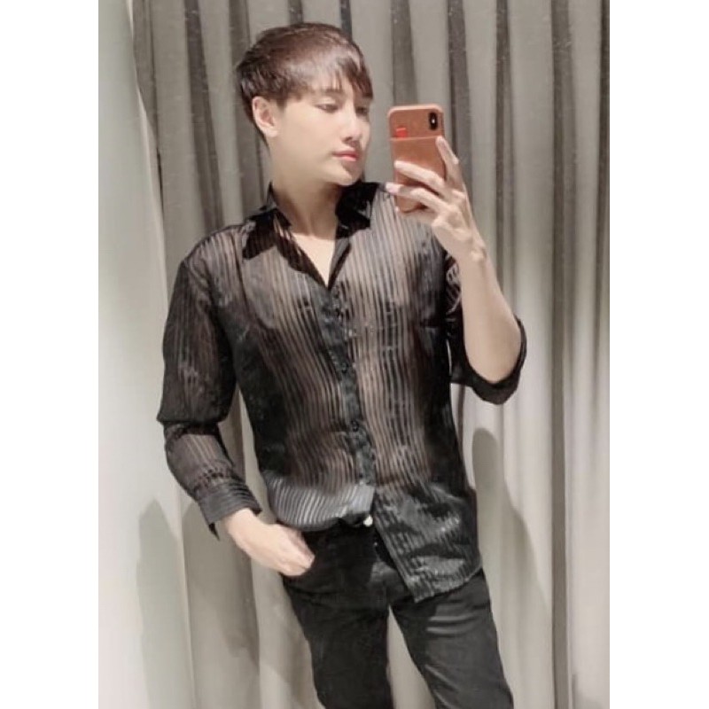 Sơ mi chiffon sọc ,mỏng xuyên thấu