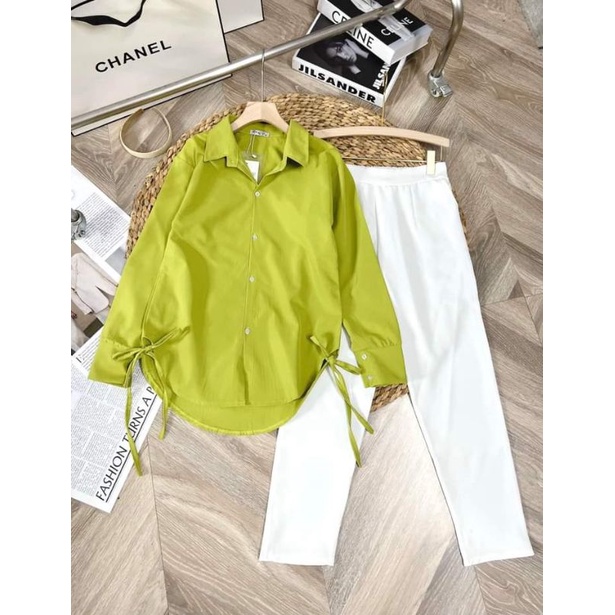 SET ÁO SƠ MI XANH BƠ THẮT NƠ DÂY RÚT MIX QUẦN  ĐŨI TRẮNG