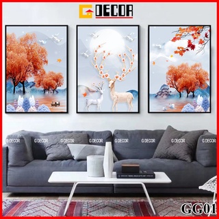 Tranh treo tường canvas khung gỗ 3 bức hiện đại, tranh hươu trang trí phòng khách phòng ngủ, spa 01