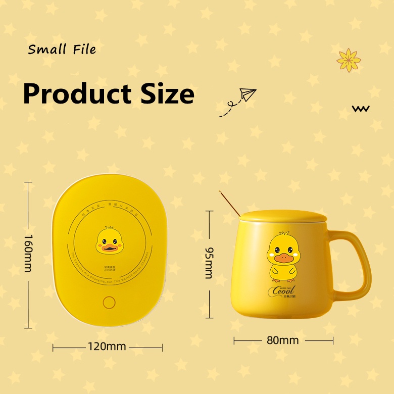 Bộ cốc hâm nóng hình chú vịt vàng đế điện hâm trà, cafe, sữa kèm hộp đựng và thìa cao cấp