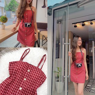 Đầm caro đỏ 2s nơ lưng