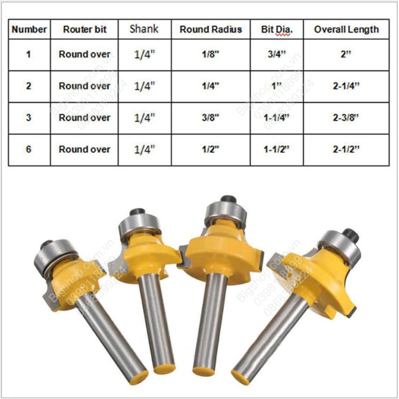 Bộ 4 mũi phay soi gỗ góc tròn cốt 6mm