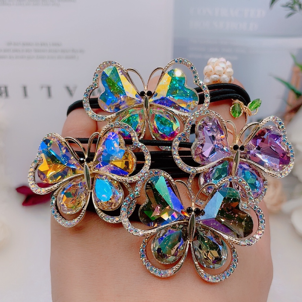 Dây Buộc Tóc Cao Su Co Giãn Phối Họa Tiết Cánh Bướm Đính Đá Pha Lê Phong Cách Hàn Quốc 2022 Thời Trang Cho Nữ