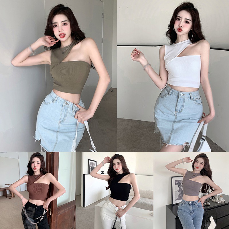 Áo Croptop Hai Dây Hở Vai Màu Sắc Trơn Có Đệm Ngực Phong Cách Hàn Quốc Dành Cho Nữ