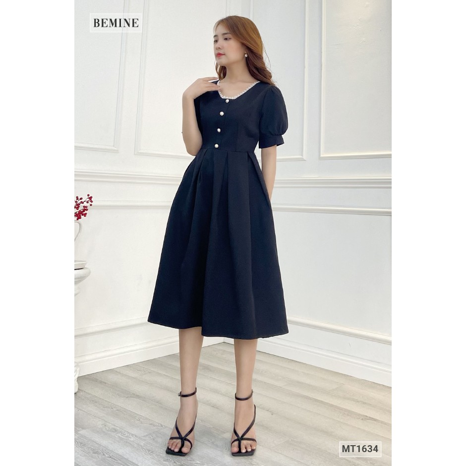 [Mã WABRWA15 giảm 15% đơn 300K] Đầm xòe đính nút cổ V phối ren BEMINE MT1634DEN | BigBuy360 - bigbuy360.vn