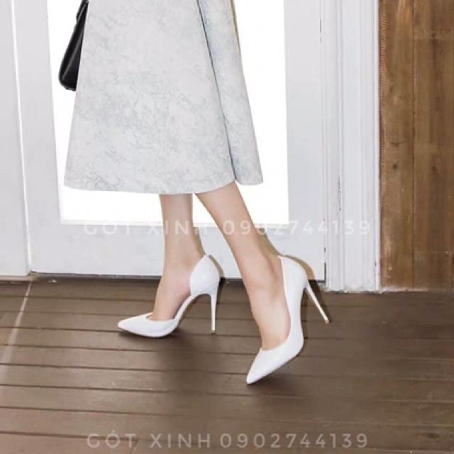 Giày cao gót khoét eo trắng đen nude da bóng cao 7-9-10p
