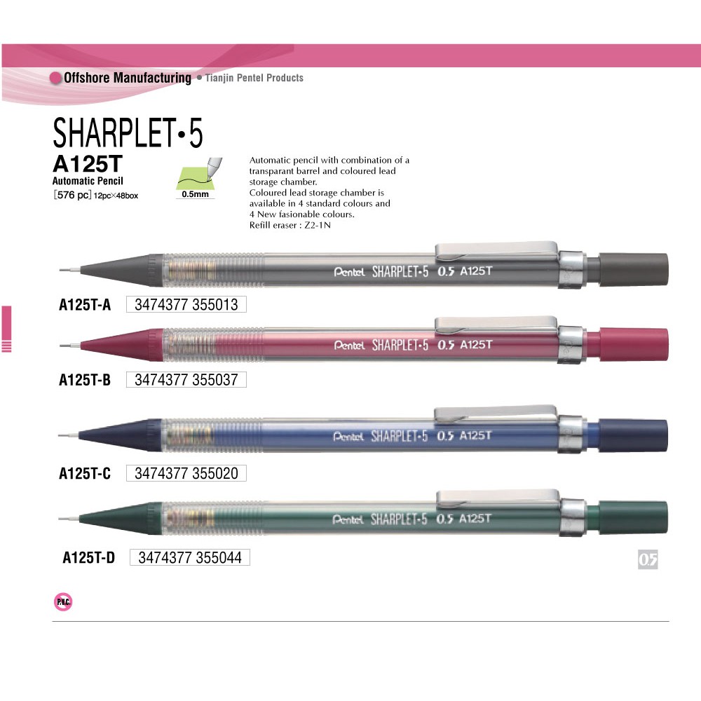 Bút chì bấm kỹ thuật Pentel thân nhựa trong 0.5mm - A125T [Chính hãng]