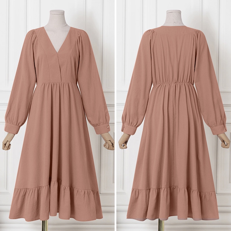 Đầm Zanzea dài tay phồng cổ chữ V form rộng phong cách châu Âu thời trang cho nữ