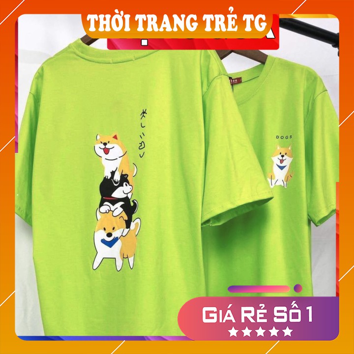 Áo thun💕𝑭𝒓𝒆𝒆𝒔𝒉𝒊𝒑💕 Áo phông form rộng Unisex L75, mặc cặp, nhóm, lớp in hình 3 con chó shiba chữ dogs nhật màu xanh