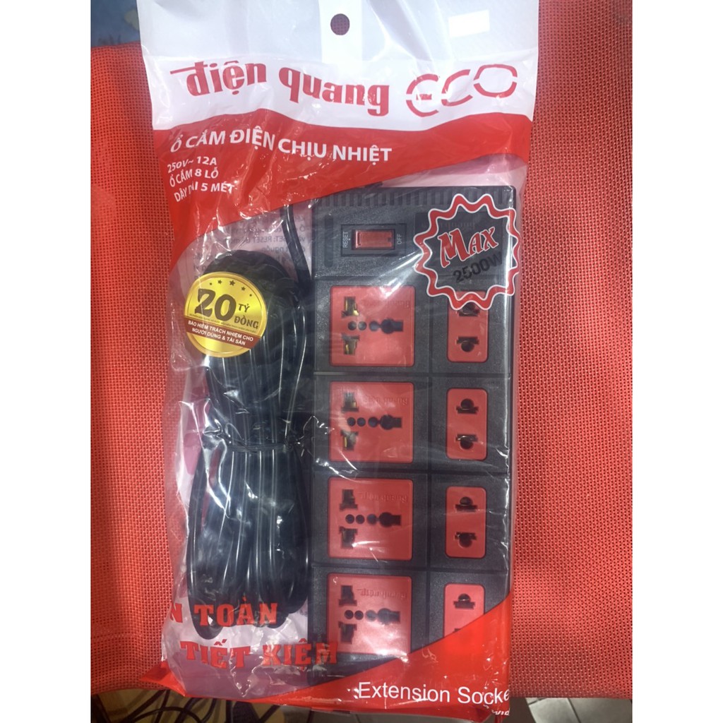 Ổ cắm Điện Quang ECO ĐQ ESK 5BR 8ECO (8 Lỗ, dây dài 5m, màu đen đỏ)