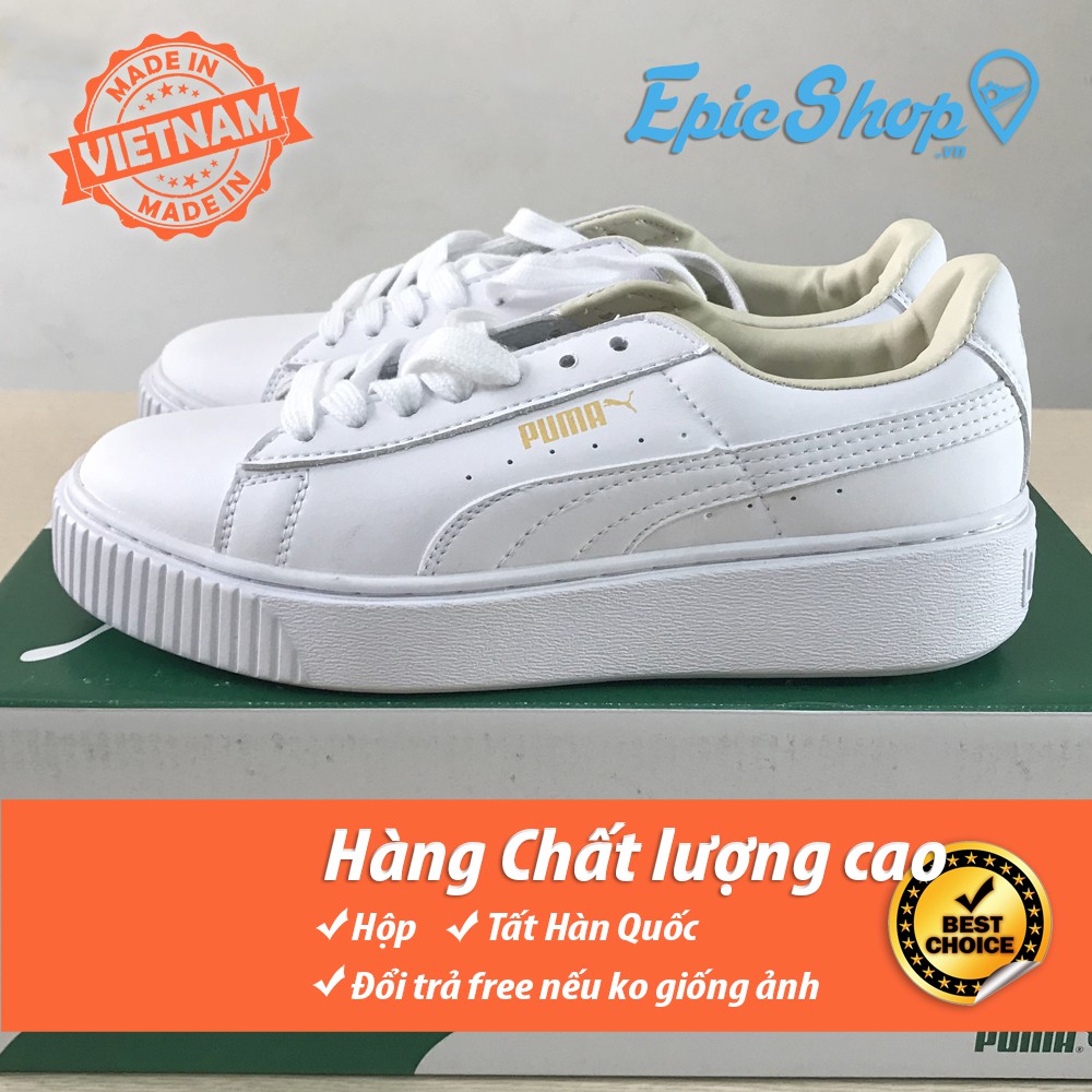 Giày thể thao PU trắng mũi trơn full box + tặng tất