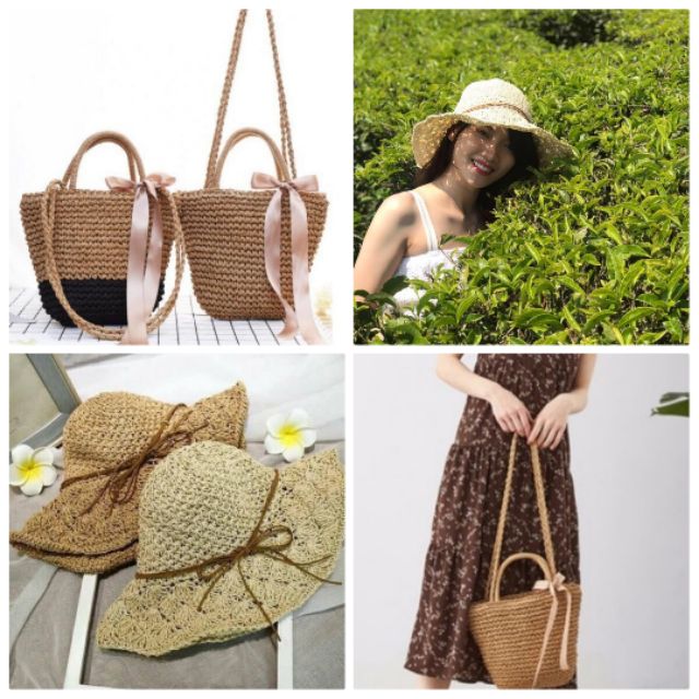 Combo túi cói nơ và mũ cói móc mềm vintage
