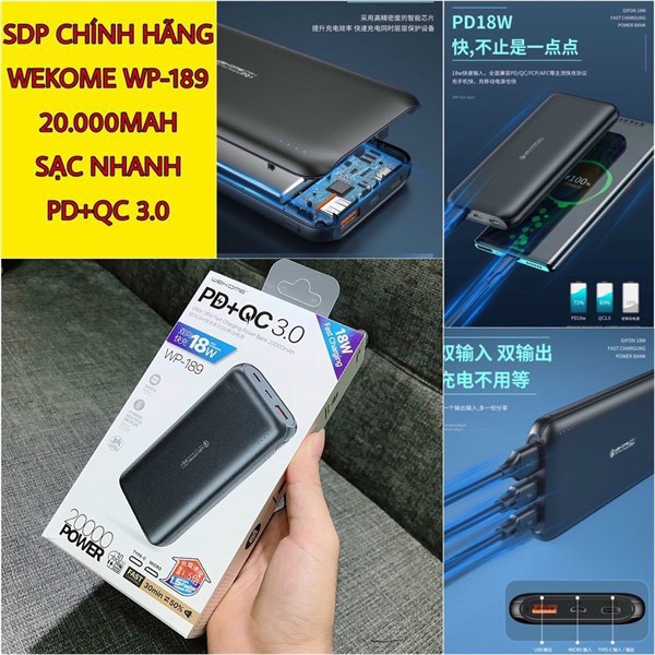 Sạc Dự Phòng WK WP -189 20000mAh { BẢO HÀNH CHÍNH HÃNG 6 THÁNG } --- Hỗ trợ sạc nhanh cho dự phòng và điện thoại