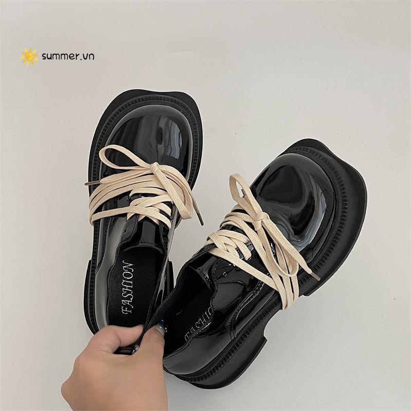 Giày Da Đế Dày Buộc Dây Kiểu Pháp Thời Trang Thu Đông 2022 Cho Nữ