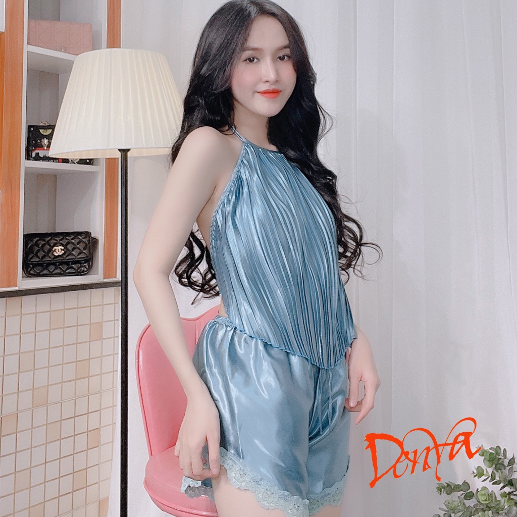 Đồ ngủ lụa phi, dạng yếm dập li chất liệu lụa phi mềm mịn DN30