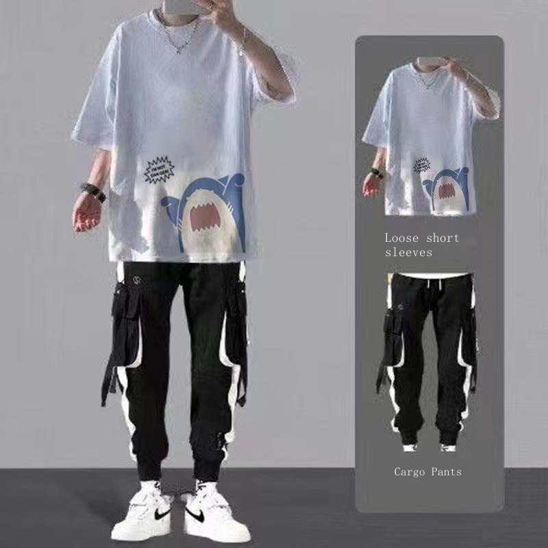 Set Áo Thun Ngắn Tay Cổ Tròn + Quần Yếm Dài Ống Rộng Thời Trang Hàn Cho Nam