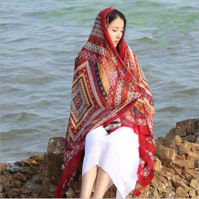 Khăn choàng du lịch khăn choàng in hoạ tiết thổ cẩm linen