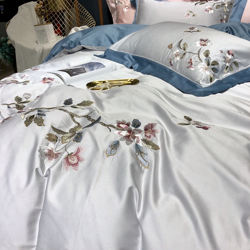 GC799 Bộ chăn ga gối thêu chất cotton lụa cao cấp hàng nhập