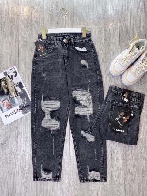 Quần baggy jean nữ lưng cao, cắt rách màu xám jean LB2020 LB Jean Fashion